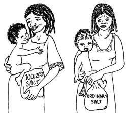 Two women both holding babies. They are standing side by side. The one on the left is holding a bag of iodised salt and is smiling. The one on the right is holding a bag of ordinary salt and is not smiling. She has a swollen neck and distorted facial features.