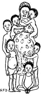 A pregnant woman is standing up, she has a child in each arm, three more are standing by her and another is sitting down crossed legged in front of her