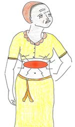 A woman with a pained expression on her face. There is a red oval across her stomach with lines emanating from it. This symbolises epigastric pain.