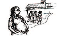 A young pregnant girl watches sadly as her friends go to school