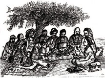 Health worker facilitating a community conversation under a tree