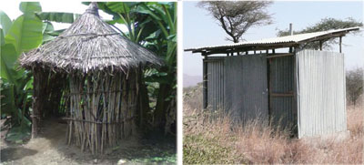A latrine built from wood with a thatched roof and a latrine built from corrugated aluminium.