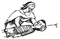 A mother examines her child who is lying very stiffly.