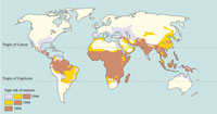 Changing geographical range of malaria shown on a map.