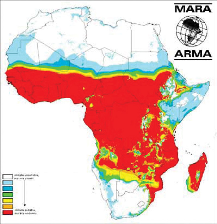 Distribution of malaria in Africa shown on a map.