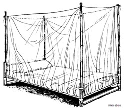 A rectangular bed net hung up.