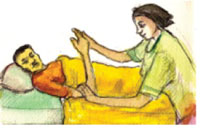 The elbow being exercised by gently bringing the hand as close as possible to the shoulder.