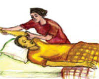 The shoulder is exercised by lifting the arm up and bringing it behind the head.