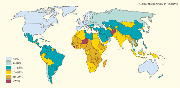 World map showing estimates of the percentage of deaths in children aged under five