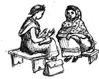 A Health Extension Practitioner is sitting on a bench opposite a woman and giving individual counselling.