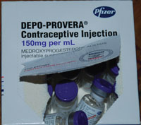 The DMPA injectable contraceptive shown n its packaging.