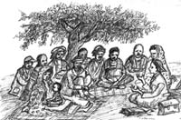 A sketch of a community sitting under a tree listening to the HEP.