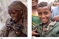 (a)  An older woman grips an amulet she wears around her neck (b)  A young boy wears an amulet around his neck.