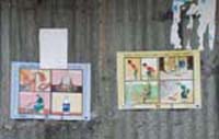 Sanitation posters on the side of a latrine building.