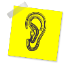 A simple black outline of an ear on a yellow post-it note.