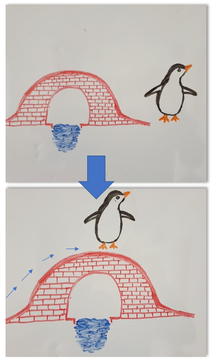 This image is of a picture on a whiteboard. There is a brick footbridge. Next to it, on the right of the bridge, is a cartoon penguin. From this images there is an arrow down to anther image. This image is of a penguin ontop of a bridge. Arrows behind the penguin indicate that the penguin in walking across the bridge.