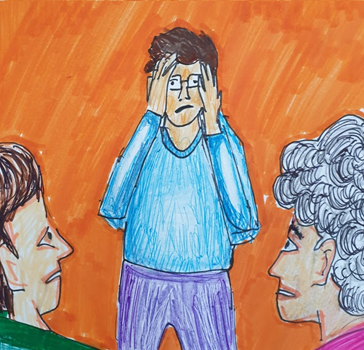 This image is a cartoon of a young person standing in front of his parents. His facial expressions/hand gestures suggest that he is frustrated or exasperated.