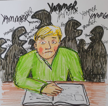 This image is a cartoon of a young person, Alex, at a desk. On the desk is a notebook. The student holds a pen but is looking up from his book with a worried look on his face. Behind the student, lots of people in the background are talking.
