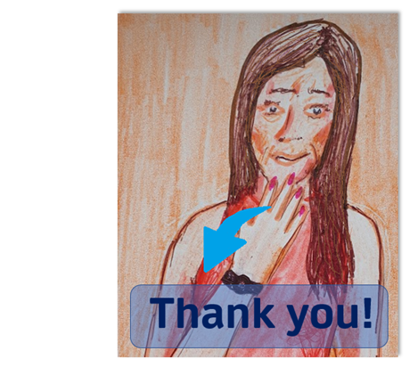 A cartoon image of a female signing the word ‘thank you’ in BSL. The signer has one hand held up just underneath her chin. The palm of her hand is flat with her fingers outstretched. An arrow points away from the face suggesting that to perform the sign for ‘thank you’ you would motion your hand away from your face/body.