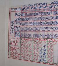 A large monitoring chart is hanging on a wall. It shows immunisation data.