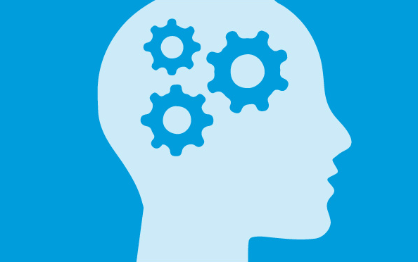 A pale blue head with dark blue cogs inside the head