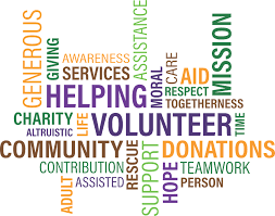 Volunteering Word Cloud describing various types of volunteering, for example, donating time, community work and so on. 