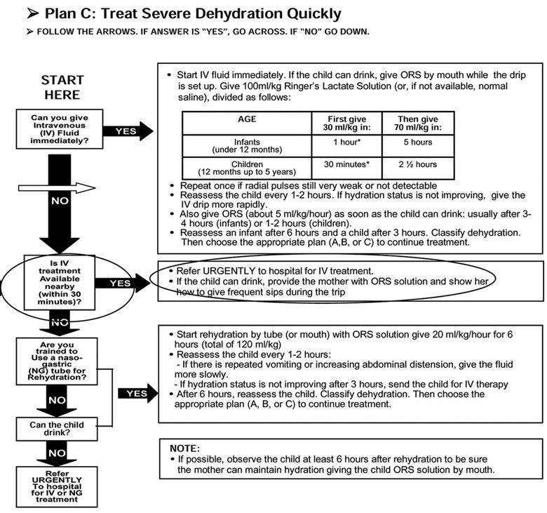 A flow chart showing steps for treating severe dehydration.