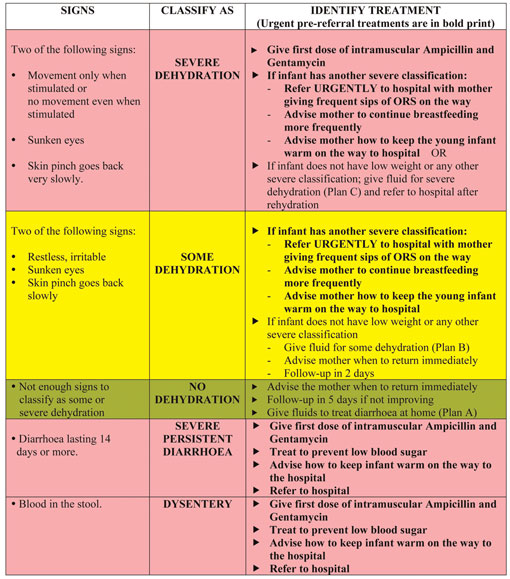 Classification chart for treating dehydration, dysentery and diarrhoea in a young infant.