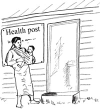 A woman carries her child to the health post.