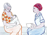 A health worker observes a woman breastfeeding.