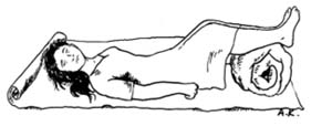 A woman lies on her back with her legs raised up.