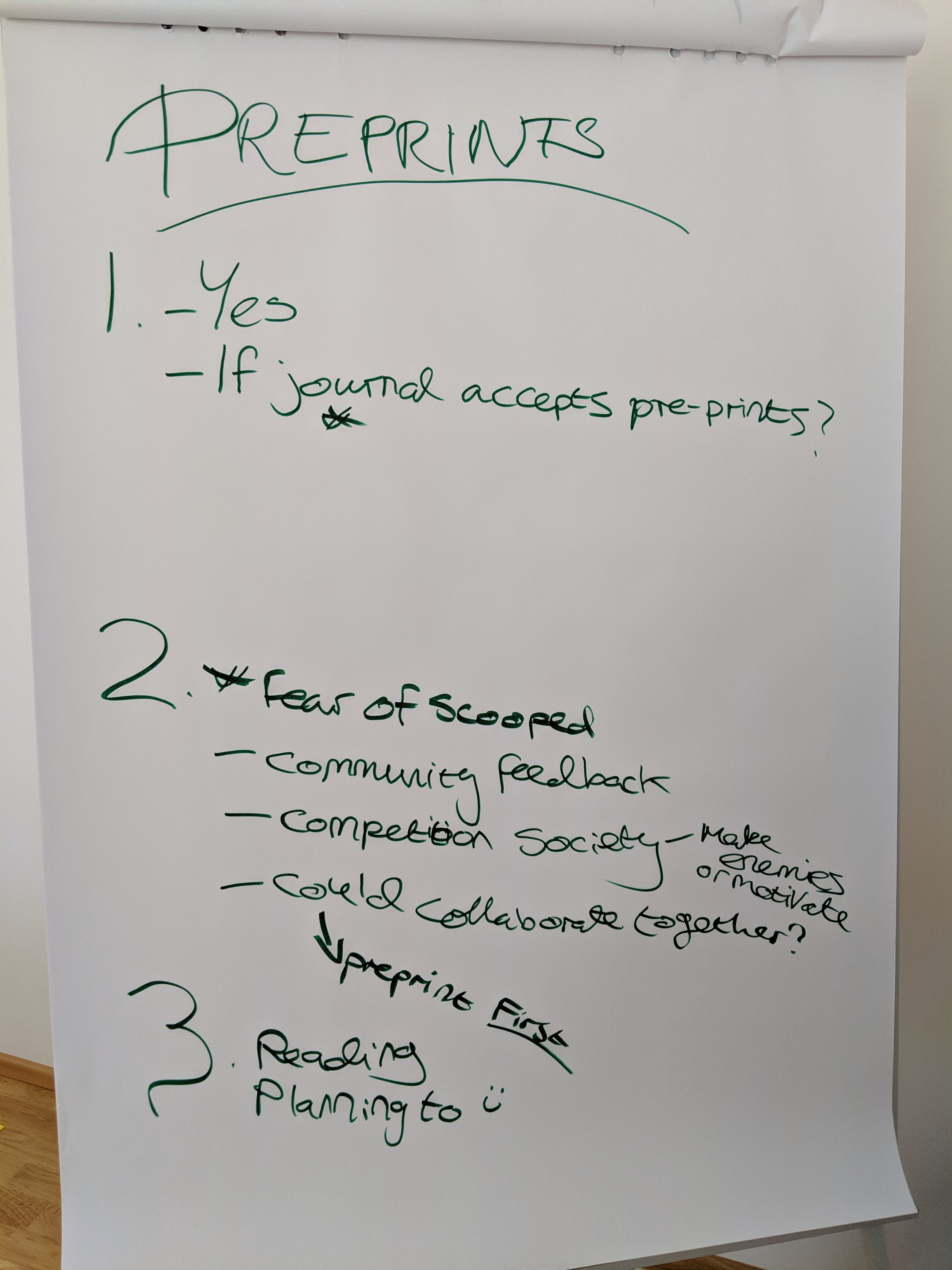 Flipchart with writing on it about preprints