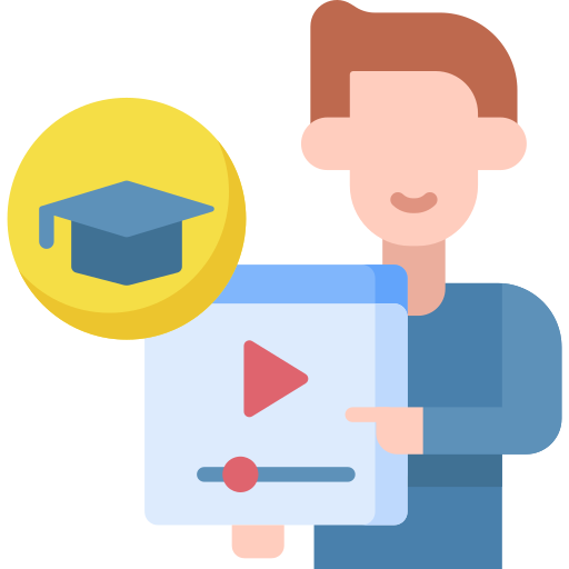 icon of a man pointing to video play symbol next to a graduation hat