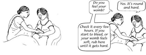 A health worker examines a woman’s uterus to check that she is contracting correctly. The woman is sitting up in bed.