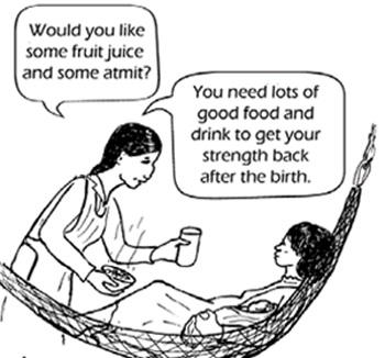 A woman lies in a hammock with her newborn. A health worker offers her some food and drink.