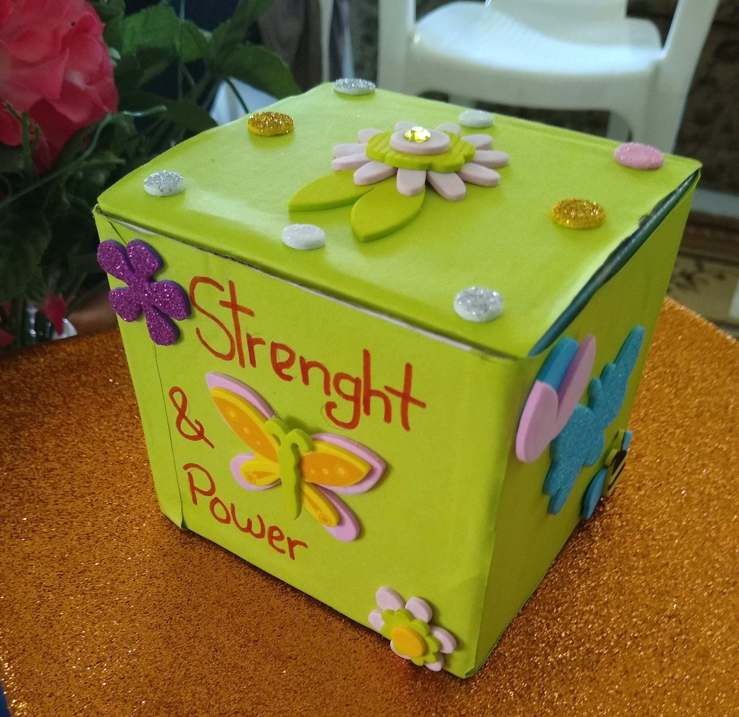 Box saying "Strength" written on it.