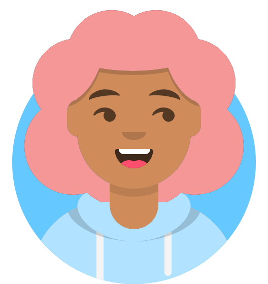 Avatar image with pink curly hair and smile