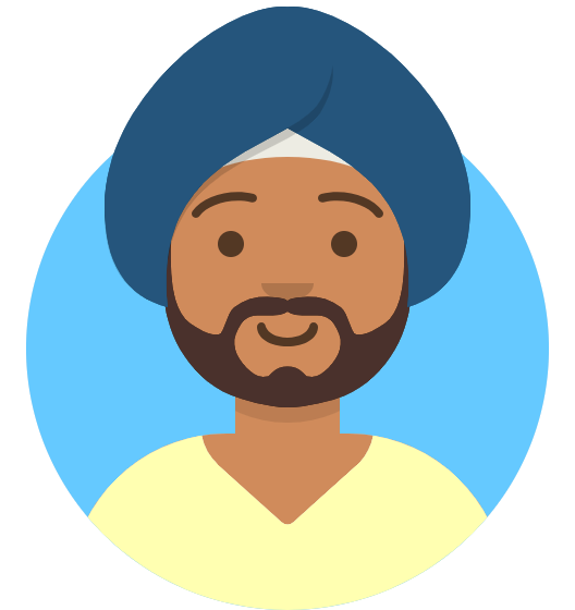 Brown-skinned person with facial hair wearing blue turban and yellow shirt