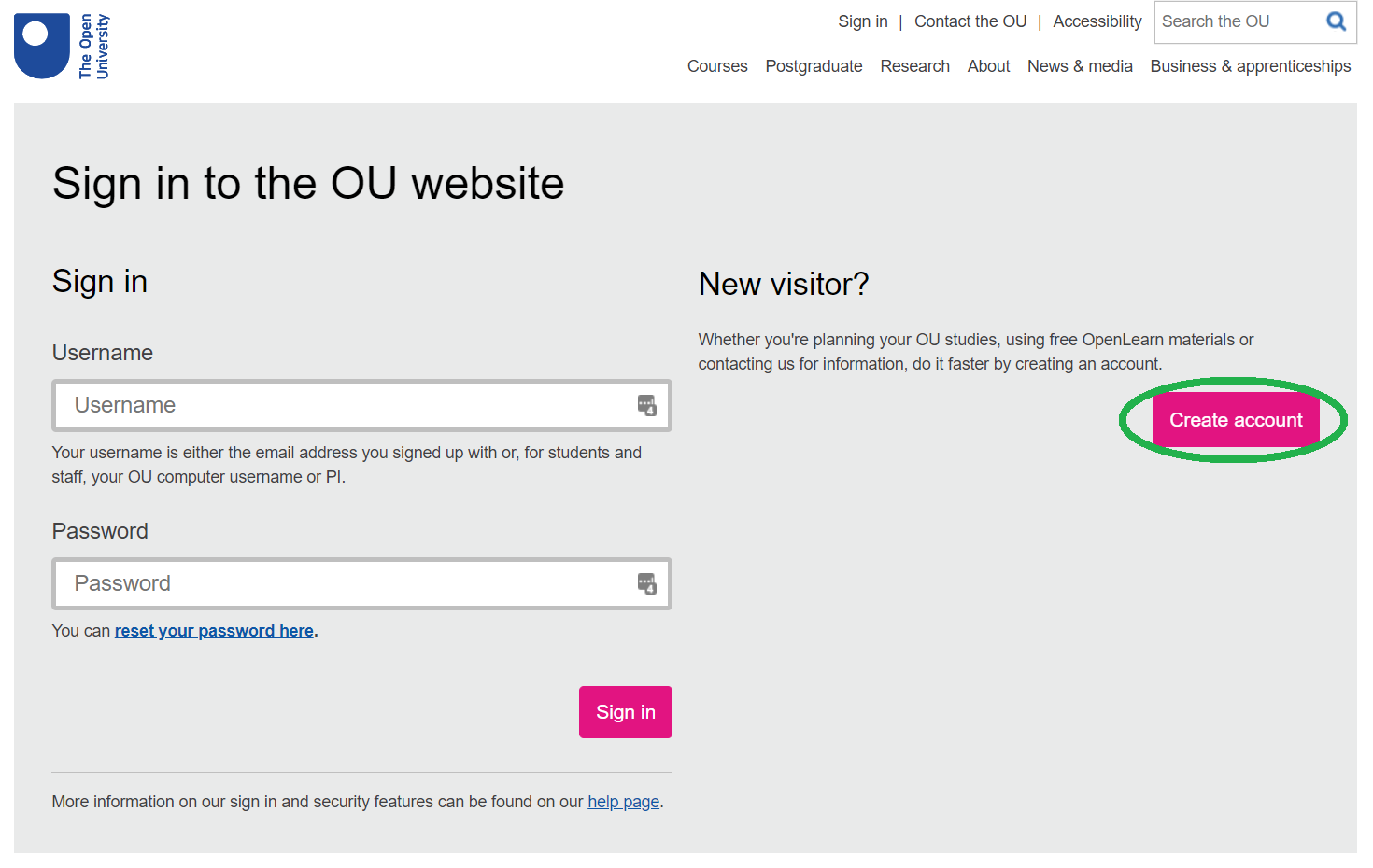 The OpenLearn Create Sign up / Sign in page with "Create account" circled.