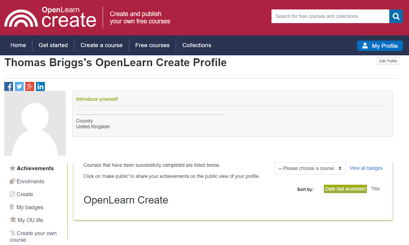 The OpenLearn Profile screen for a new account