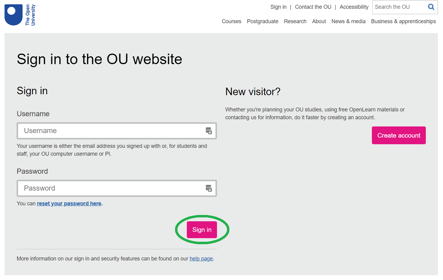 The OpenLearn Create Sign up / Sign in page with "Sign in" circled.