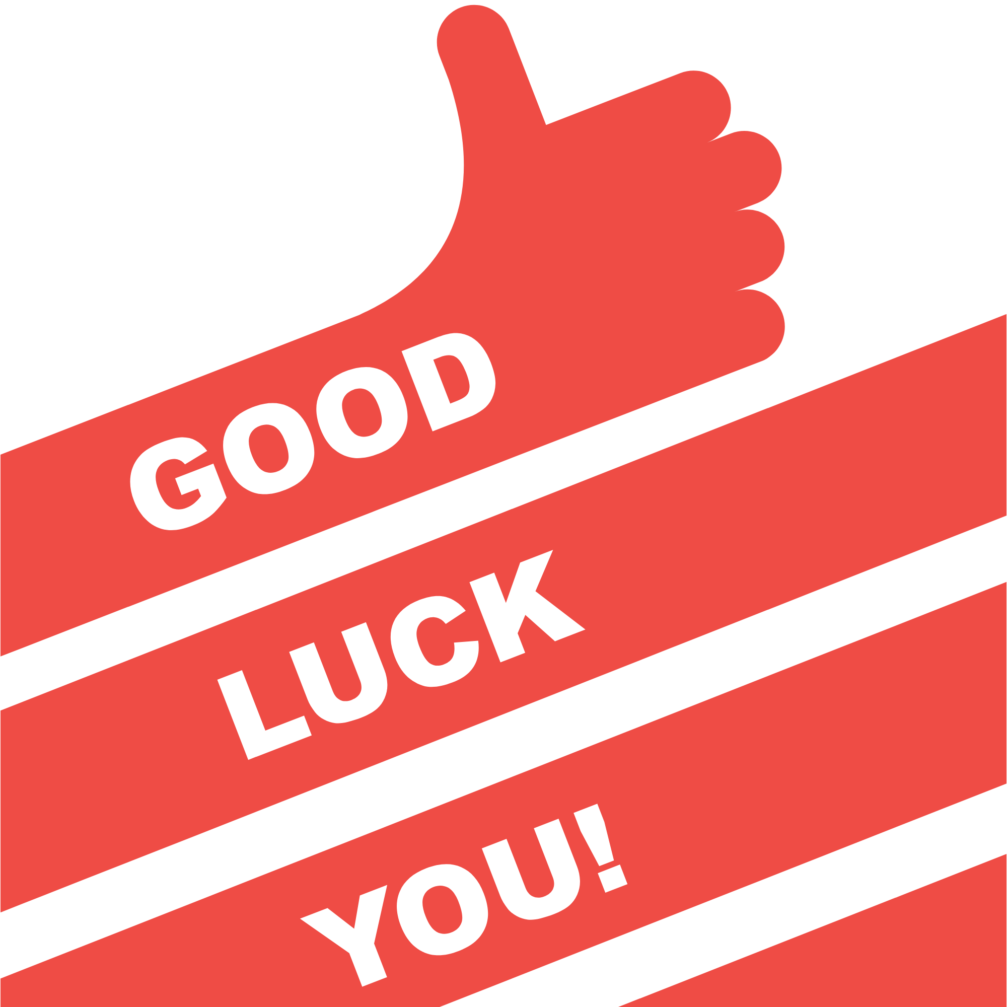 A cartoon red arm is wrapped around the screen with a thumbs up and GOOD LUCK imprinted.