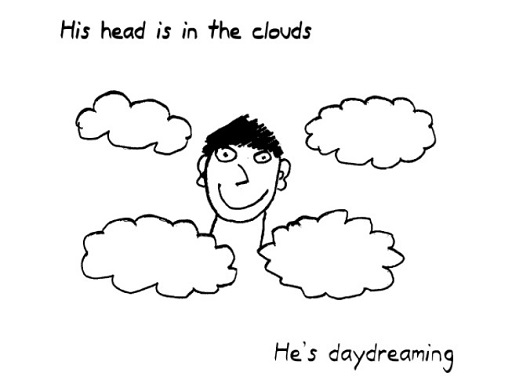 Ce dessin montre une interprétation littérale de la phrase "sa tête est dans les nuages", avec un visage souriant dessiné au milieu des nuages. En dessous est écrit le sens voulu de la métaphore - "il est en train de rêver".