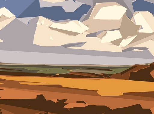 Ce dessin de Jon Adams montre un paysage conventionnel, d'apparence indistincte, dessiné dans un style abstrait. Il semble montrer une plaine rocheuse, qui devient plus verte à mesure que le paysage s'étend vers l'horizon, le tout sous un ciel nuageux. Ces éléments sont dessinés avec des bords déchiquetés et des ombres dramatiques.