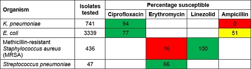 A table that shows an example of an antibiogram. Of the organism K. pneumoniae, 741 isolates were tested; Ciprofloxacin was 94% susceptible (green) and Ampicillin was 0% susceptible (red). Of the organism E. coli, 3339 isolates were tested; Ciprofloxacin was 77% susceptible (green) and Ampicillin was 51% susceptible (red). Of the organism S. aureus (MRSA), 741 isolates were tested; Erythromycin was 16% susceptible (red) and Linezolid was 100% susceptible (green). Of the organism Streptococcus pneumoniae, 47 isolates were tested; Erythromycin was 66% susceptible (green).
