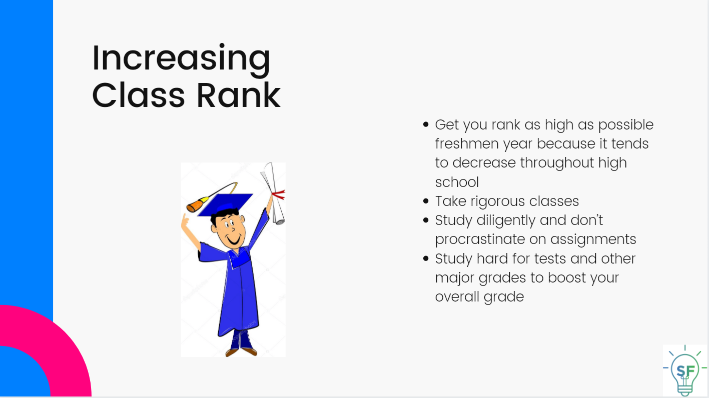Get you rank as high as possible freshmen year because it tends to decrease throughout high school. Take rigorous classes.  Study diligently and don’t procrastinate on assignments.  Study hard for tests and other major grades to boost your overall grade.