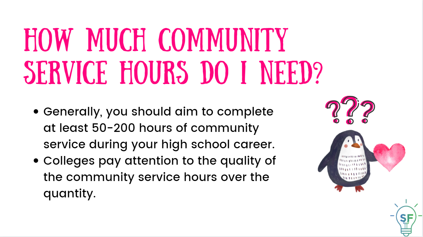 Generally, you should aim to complete at least 50-200 hours of community service during your high school career.  Colleges pay attention to the quality of the community service hours over the quantity. 
