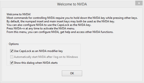 The Welcome to NVDA screen
