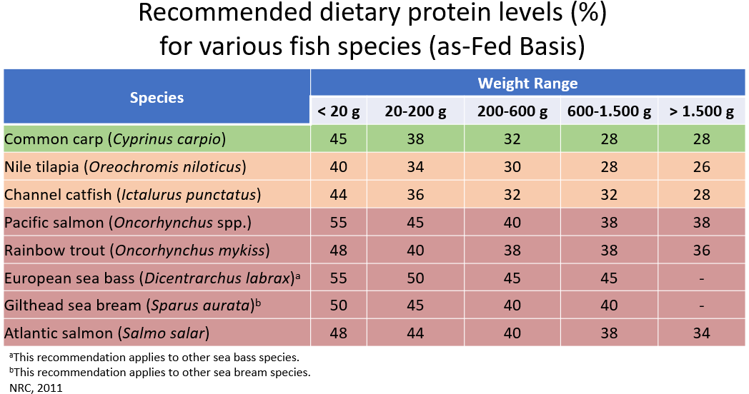 Table indicating the recommended dietary protein levels for various fish species