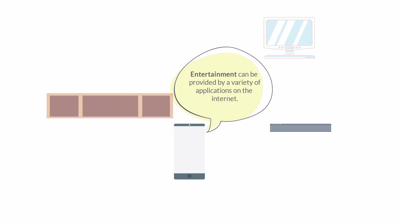 Graphic showing entertainment services on a television, a games console and music streaming